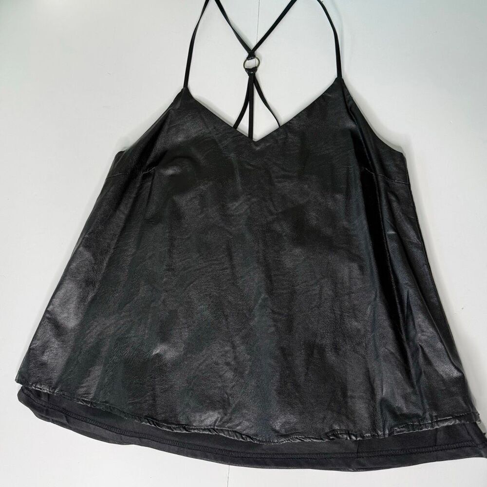 Loveriche Black Faux Leather Strappy Camisole Tank Top Small